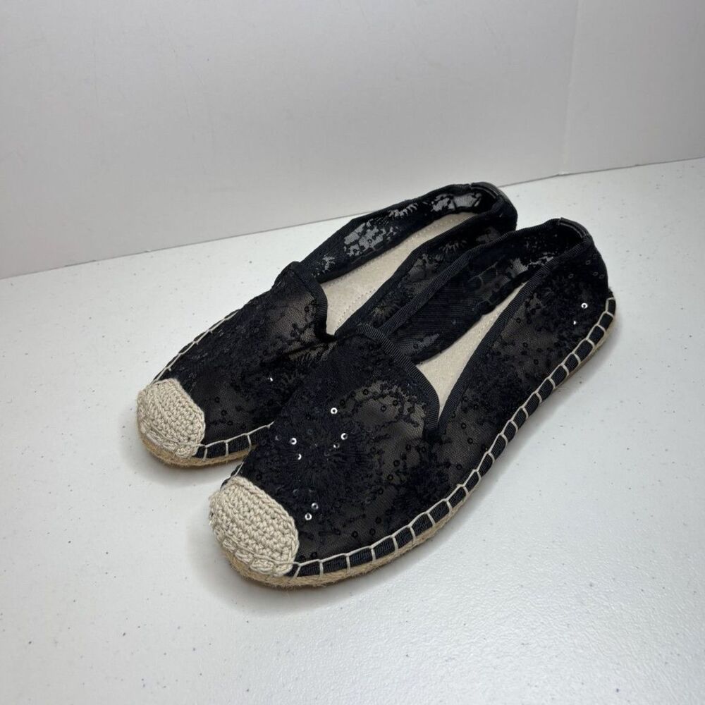 Tiosebon Lace Black Florals Sequin Espadrilles Flats Slip Ons Comfy Womens NWOB